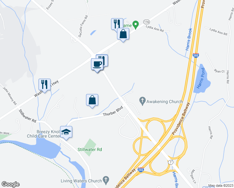 map of restaurants, bars, coffee shops, grocery stores, and more near 1 Thurber Boulevard in Smithfield