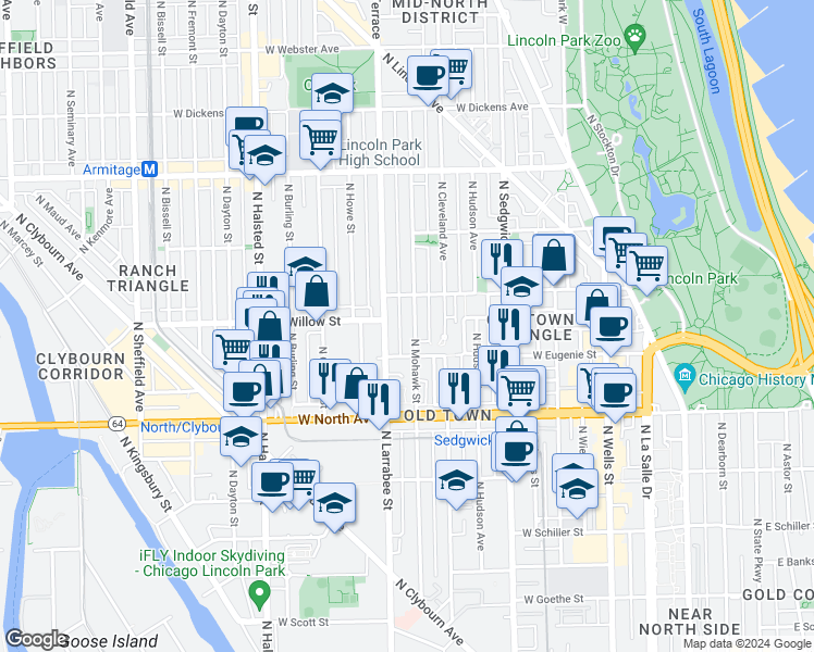 map of restaurants, bars, coffee shops, grocery stores, and more near 518 West Eugenie Street in Chicago
