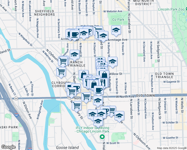 map of restaurants, bars, coffee shops, grocery stores, and more near 1709 North Dayton Street in Chicago