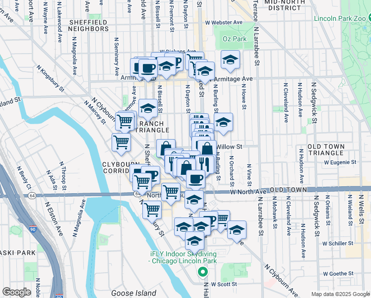 map of restaurants, bars, coffee shops, grocery stores, and more near 1732 North Dayton Street in Chicago