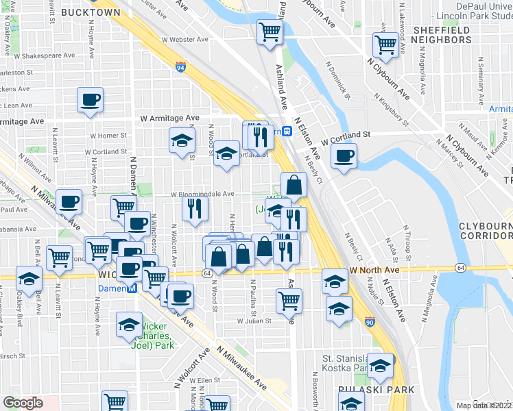 map of restaurants, bars, coffee shops, grocery stores, and more near 1716 North Paulina Street in Chicago