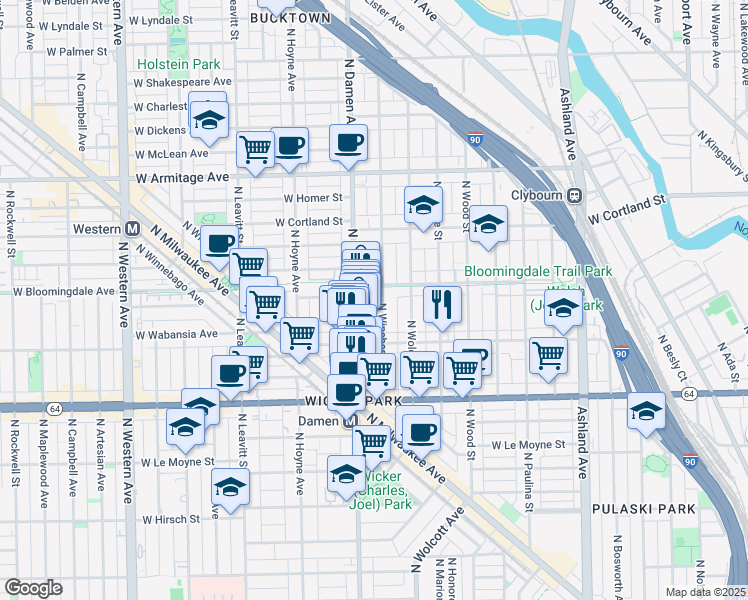 map of restaurants, bars, coffee shops, grocery stores, and more near 1720 North Winchester Avenue in Chicago