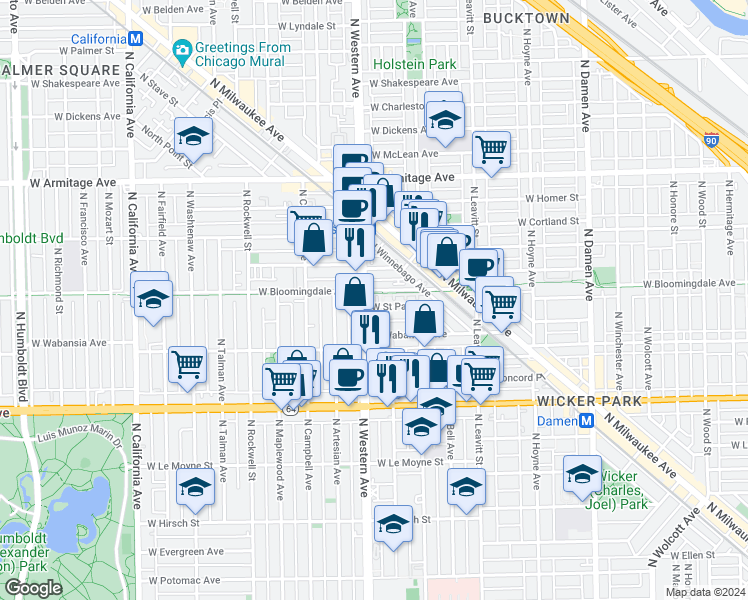 map of restaurants, bars, coffee shops, grocery stores, and more near 1727 North Western Avenue in Chicago