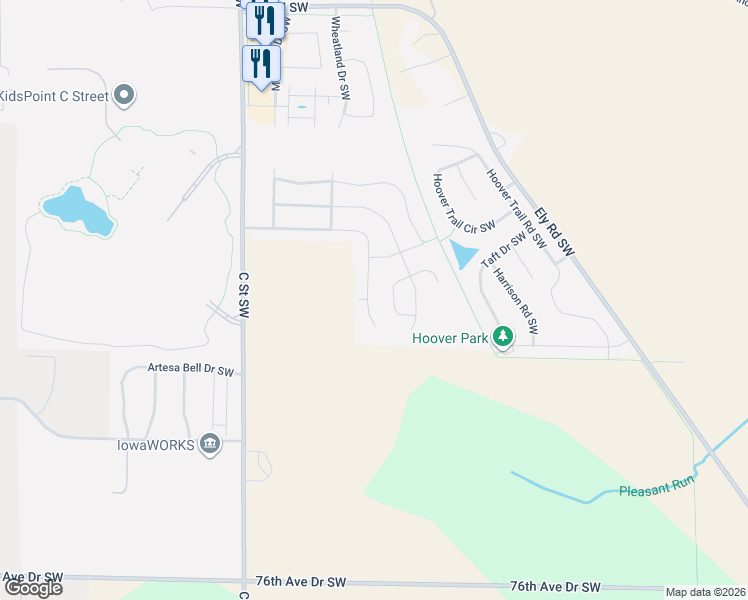 map of restaurants, bars, coffee shops, grocery stores, and more near 1607 Prairie Rose Drive Southwest in Cedar Rapids
