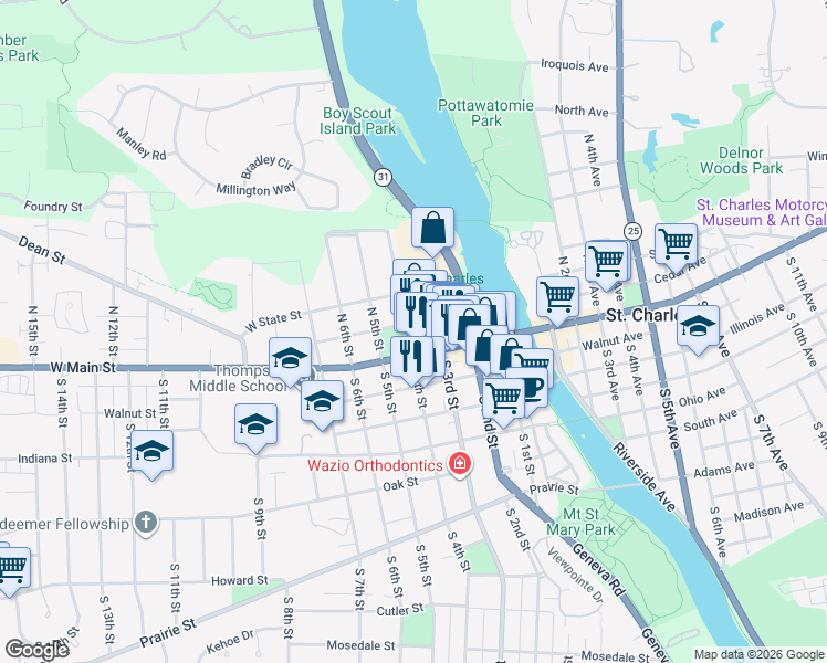 map of restaurants, bars, coffee shops, grocery stores, and more near 18 North 4th Street in St. Charles