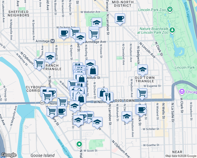 map of restaurants, bars, coffee shops, grocery stores, and more near 1657 North Orchard Street in Chicago