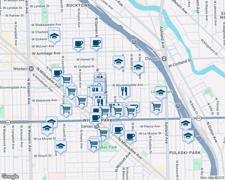 map of restaurants, bars, coffee shops, grocery stores, and more near 1723 North Wolcott Avenue in Chicago
