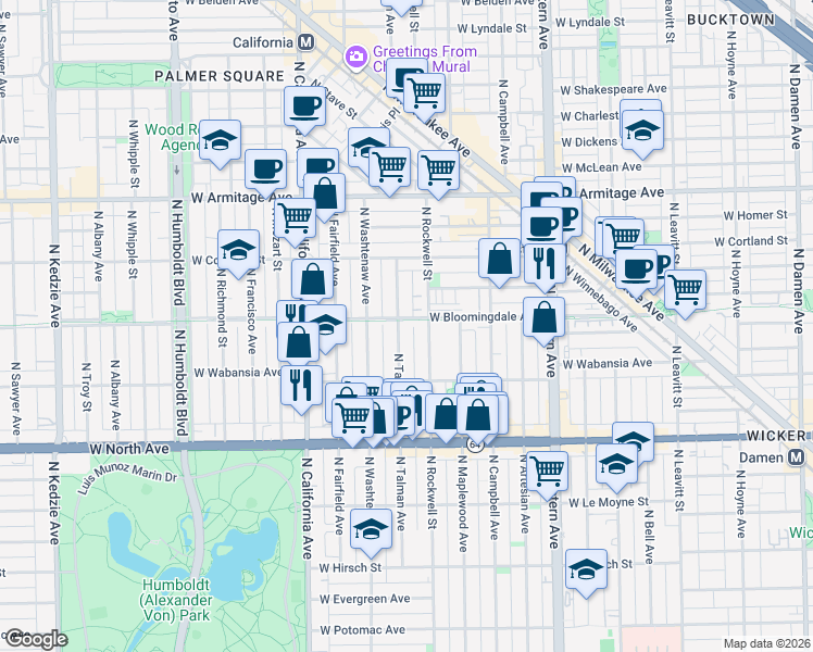 map of restaurants, bars, coffee shops, grocery stores, and more near 1731 North Talman Avenue in Chicago