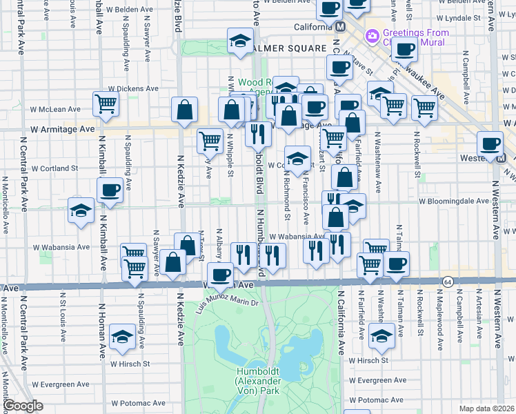 map of restaurants, bars, coffee shops, grocery stores, and more near 1728 North Humboldt Boulevard in Chicago
