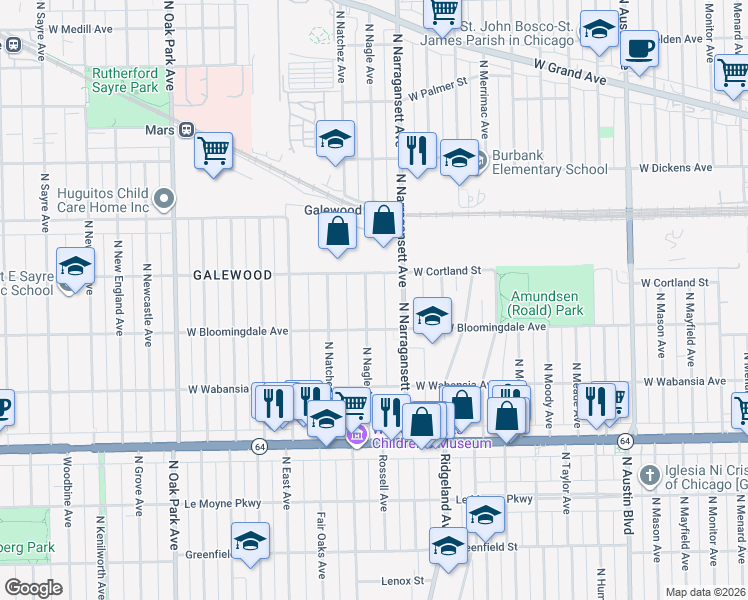 map of restaurants, bars, coffee shops, grocery stores, and more near 6414 West Bloomingdale Avenue in Chicago