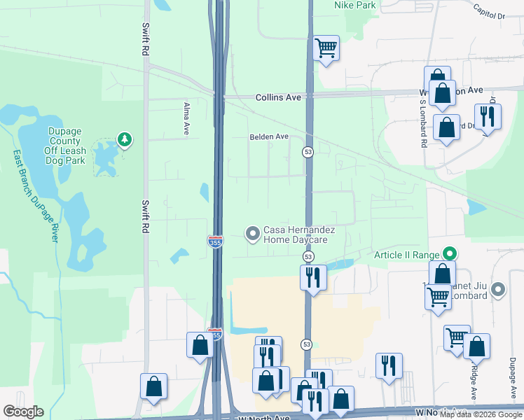 map of restaurants, bars, coffee shops, grocery stores, and more near 2N450 Kenmore Street in Lombard