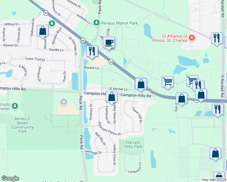 map of restaurants, bars, coffee shops, grocery stores, and more near 212 Valley View Drive in St. Charles