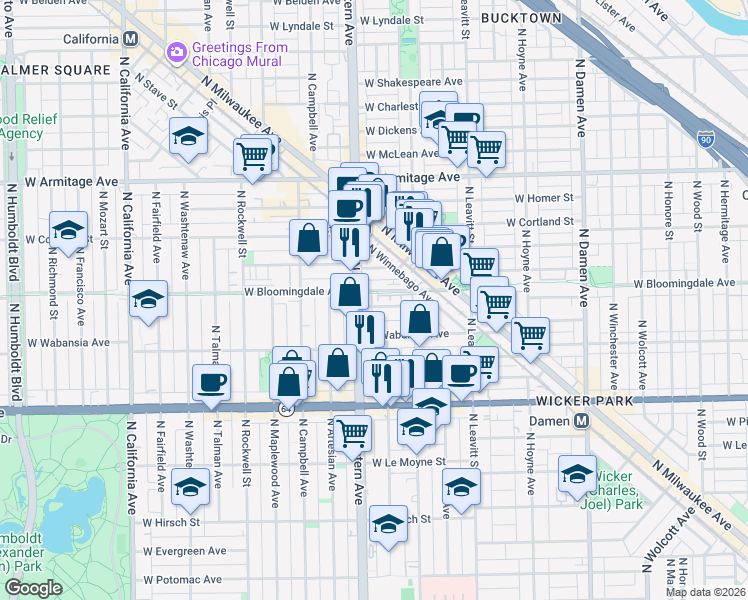 map of restaurants, bars, coffee shops, grocery stores, and more near 2346 West Saint Paul Avenue in Chicago