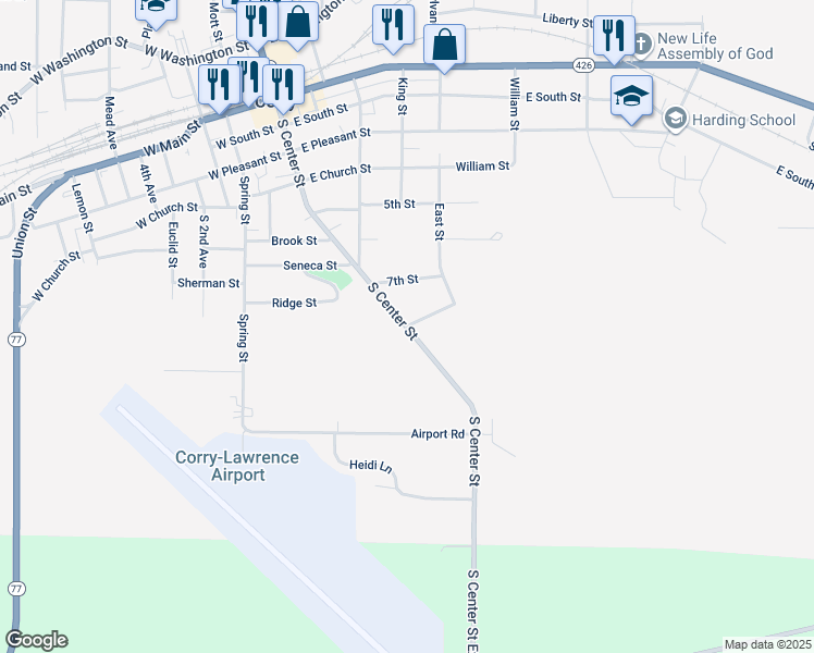 map of restaurants, bars, coffee shops, grocery stores, and more near 899 Chestnut St in Corry