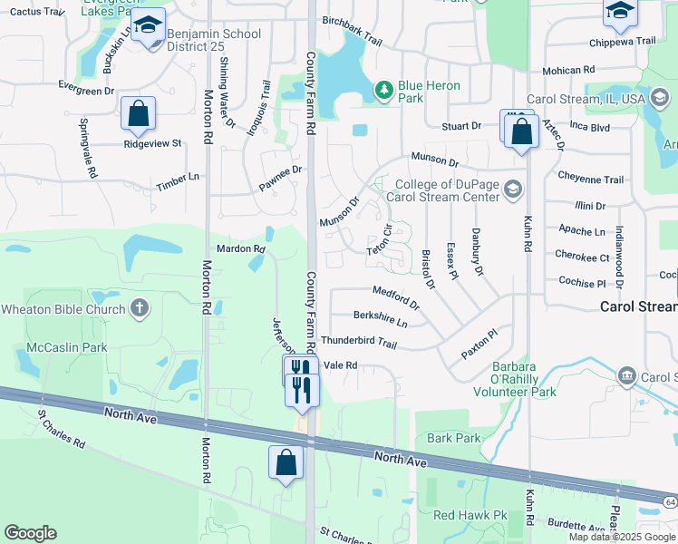 map of restaurants, bars, coffee shops, grocery stores, and more near 822 Medford Drive in Carol Stream