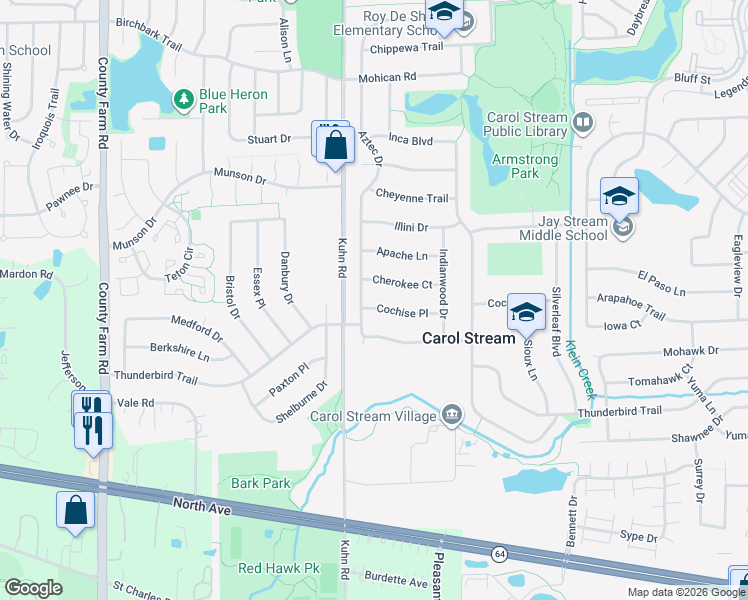 map of restaurants, bars, coffee shops, grocery stores, and more near 562 Cochise Place in Carol Stream