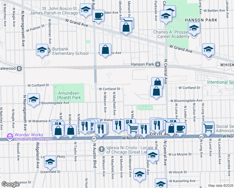 map of restaurants, bars, coffee shops, grocery stores, and more near 1825 North Mayfield Avenue in Chicago