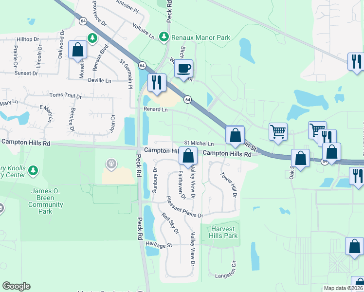 map of restaurants, bars, coffee shops, grocery stores, and more near 3201 Saint Michel Lane in St. Charles