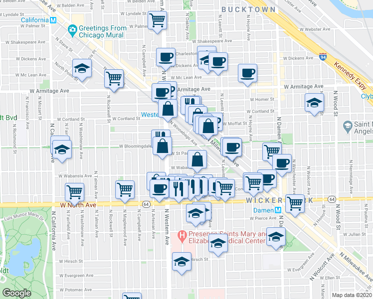 map of restaurants, bars, coffee shops, grocery stores, and more near 2314 West Wabansia Avenue in Chicago