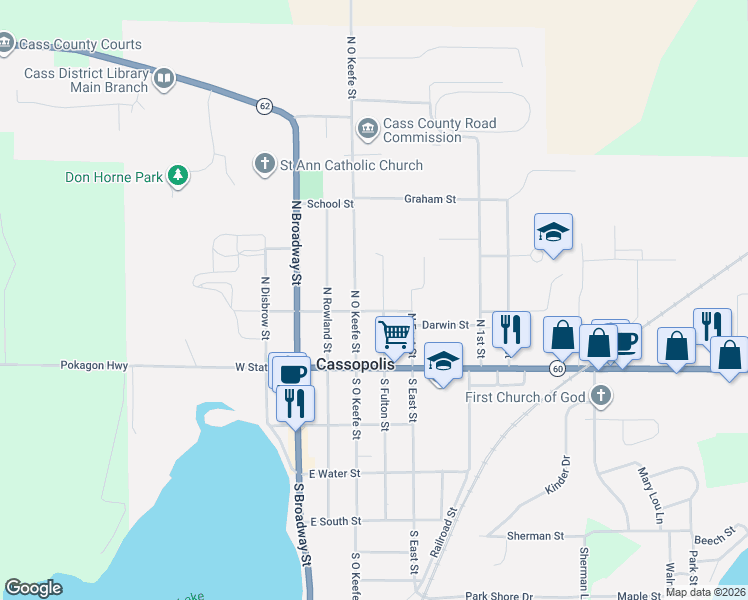 map of restaurants, bars, coffee shops, grocery stores, and more near 214 North Fulton Street in Cassopolis