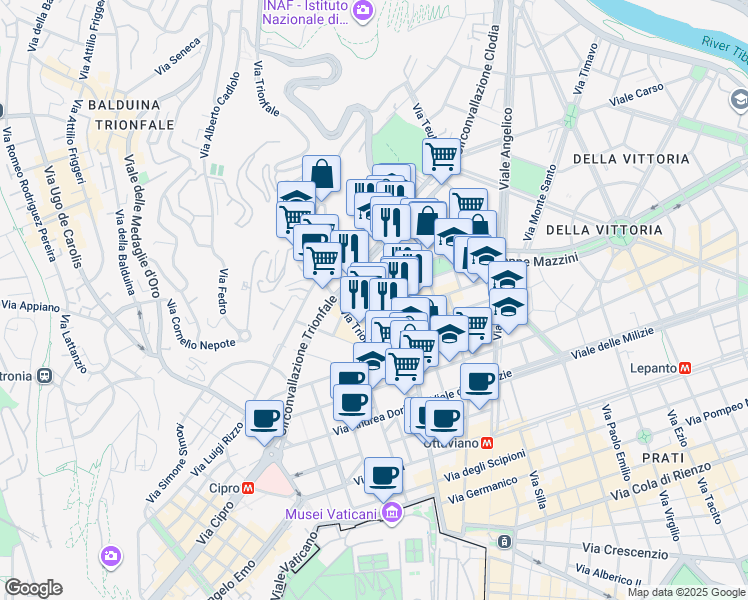 map of restaurants, bars, coffee shops, grocery stores, and more near 16 Via Nazario Sauro in Rome