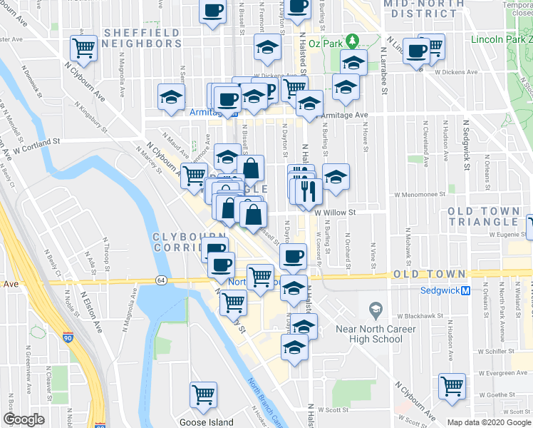 map of restaurants, bars, coffee shops, grocery stores, and more near W Willow St & N Fremont St in Chicago
