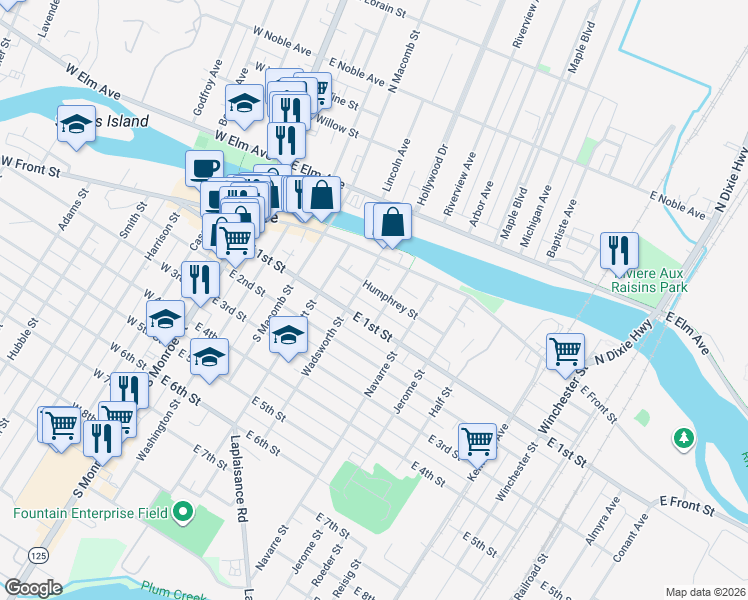 map of restaurants, bars, coffee shops, grocery stores, and more near 407 Humphrey Street in Monroe