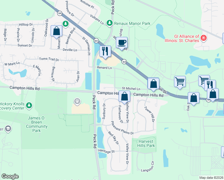 map of restaurants, bars, coffee shops, grocery stores, and more near 3307 Saint Michel Court in St. Charles