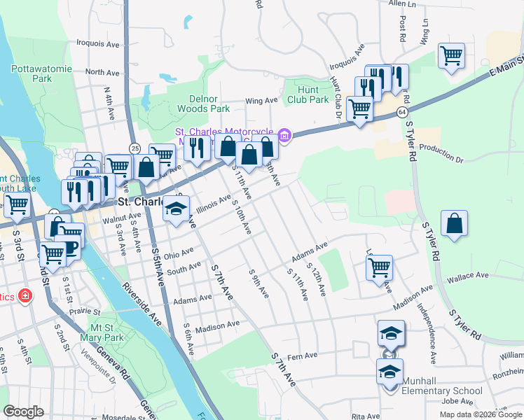 map of restaurants, bars, coffee shops, grocery stores, and more near 314 South 11th Avenue in St. Charles