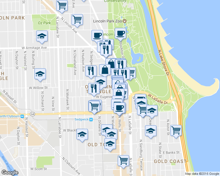 map of restaurants, bars, coffee shops, grocery stores, and more near 229 West Menomonee Street in Chicago
