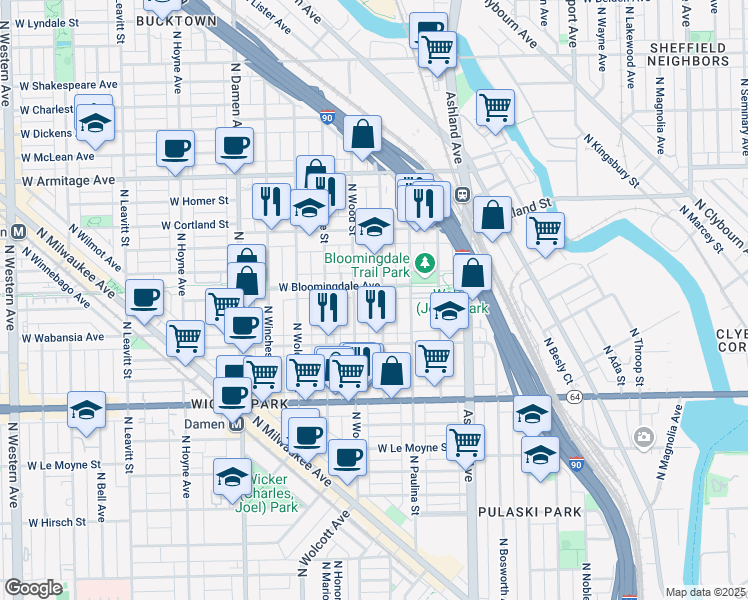 map of restaurants, bars, coffee shops, grocery stores, and more near 1800 North Hermitage Avenue in Chicago
