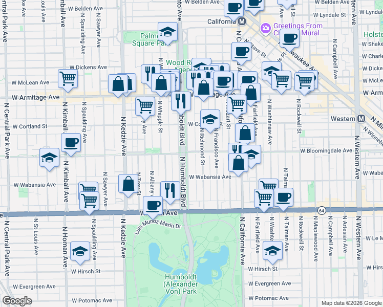 map of restaurants, bars, coffee shops, grocery stores, and more near 1841 North Humboldt Boulevard in Chicago