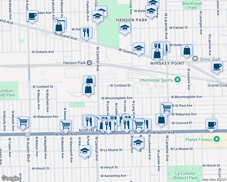 map of restaurants, bars, coffee shops, grocery stores, and more near 5506 West Cortland Street in Chicago