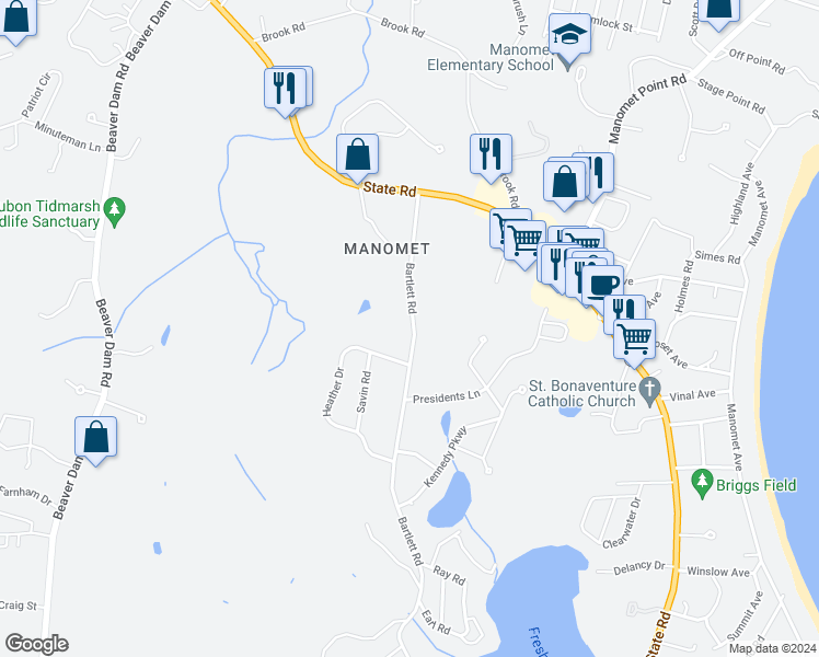 map of restaurants, bars, coffee shops, grocery stores, and more near 37 Bartlett Road in Plymouth