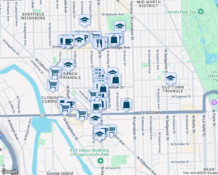 map of restaurants, bars, coffee shops, grocery stores, and more near North Burling Street & West Willow Street in Chicago
