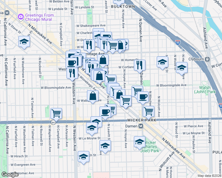 map of restaurants, bars, coffee shops, grocery stores, and more near 1743 North Leavitt Street in Chicago
