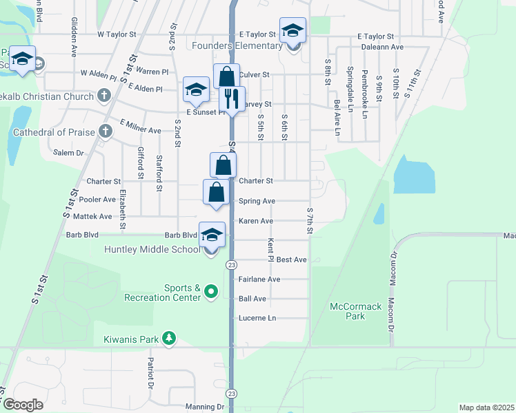 map of restaurants, bars, coffee shops, grocery stores, and more near 423 Spring Avenue in DeKalb