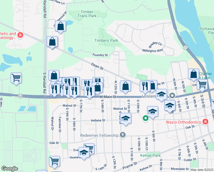 map of restaurants, bars, coffee shops, grocery stores, and more near 1320 Brook Street in St. Charles