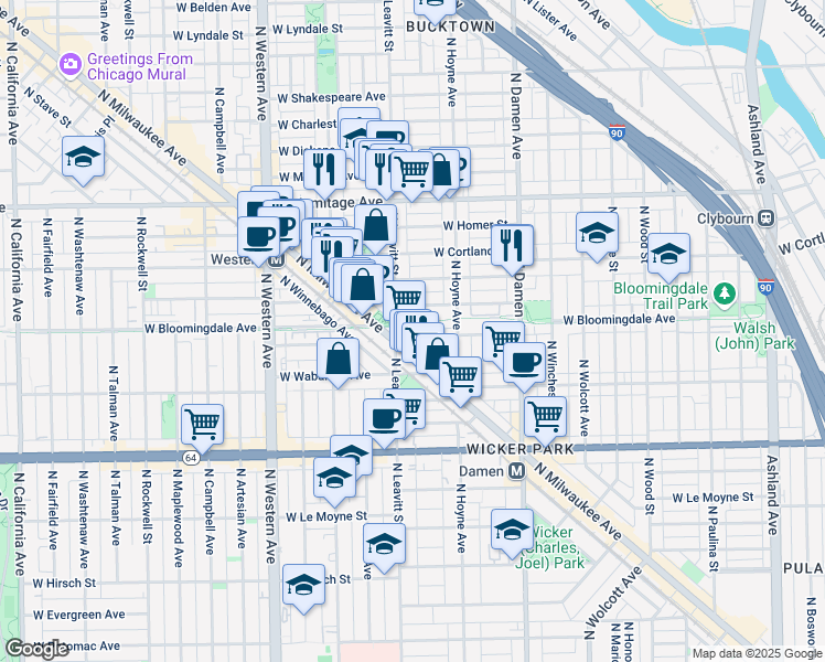 map of restaurants, bars, coffee shops, grocery stores, and more near 1767 North Milwaukee Avenue in Chicago