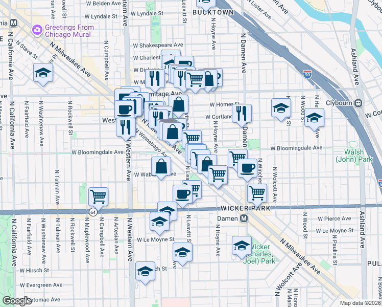 map of restaurants, bars, coffee shops, grocery stores, and more near 1800 North Wilmot Avenue in Chicago