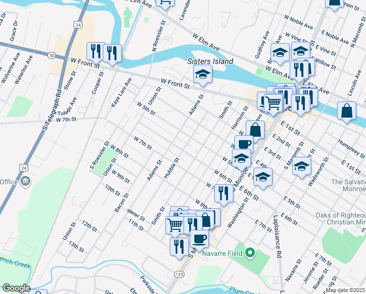 map of restaurants, bars, coffee shops, grocery stores, and more near 417 West 5th Street in Monroe
