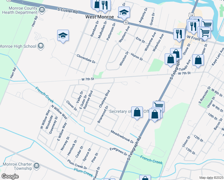 map of restaurants, bars, coffee shops, grocery stores, and more near 1027 Chateau Boulevard in Monroe