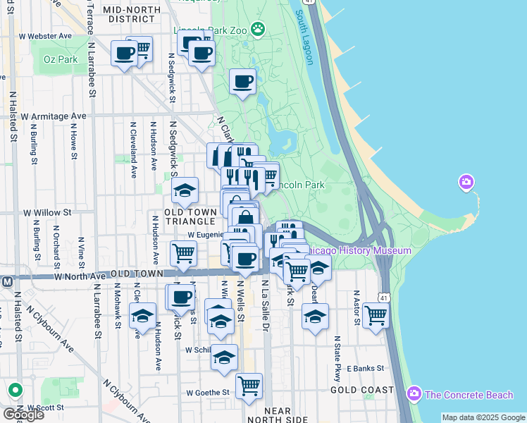 map of restaurants, bars, coffee shops, grocery stores, and more near 1730 North Stockton Drive in Chicago
