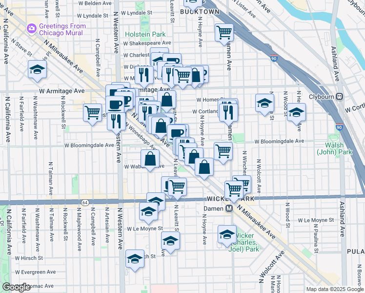 map of restaurants, bars, coffee shops, grocery stores, and more near 1800 North Wilmot Avenue in Chicago