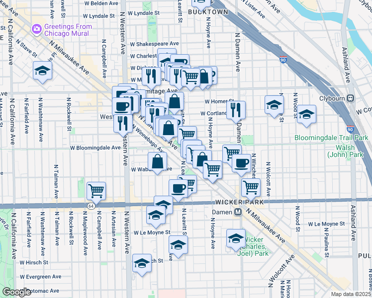 map of restaurants, bars, coffee shops, grocery stores, and more near 1800 North Wilmot Avenue in Chicago