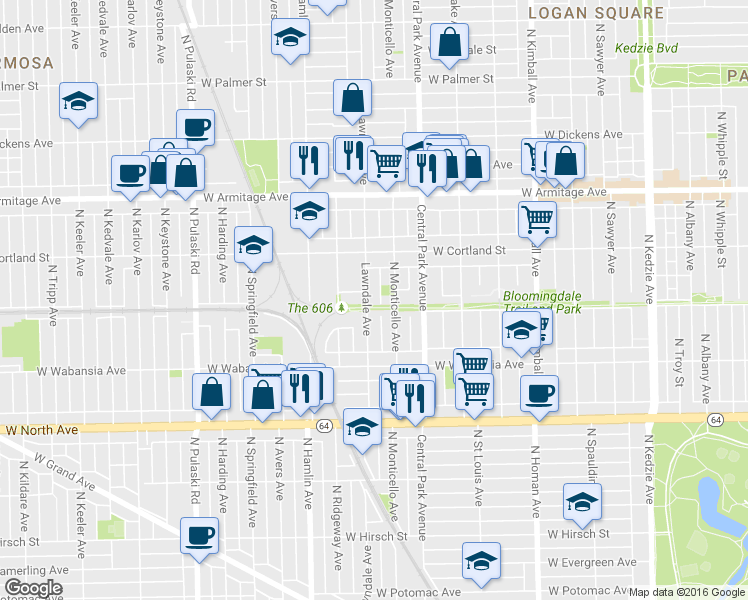 map of restaurants, bars, coffee shops, grocery stores, and more near 1827 North Lawndale Avenue in Chicago