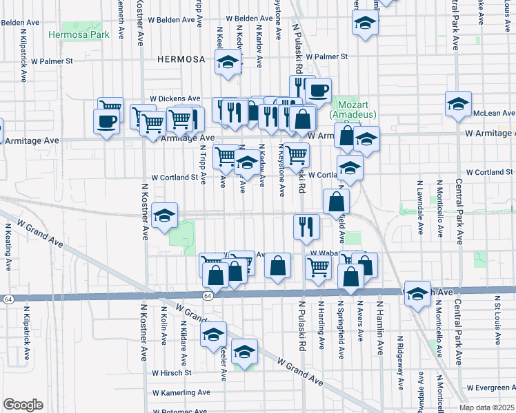 map of restaurants, bars, coffee shops, grocery stores, and more near 1828 North Karlov Avenue in Chicago