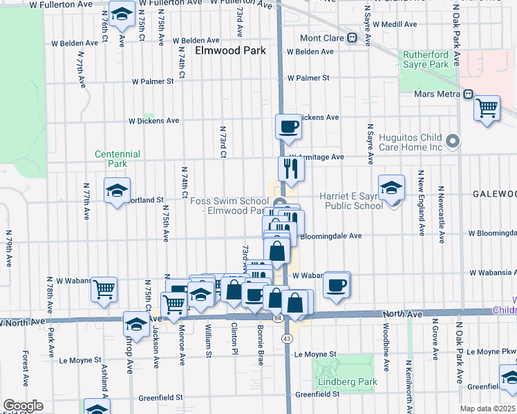 map of restaurants, bars, coffee shops, grocery stores, and more near 1901 North 72nd Court in Elmwood Park