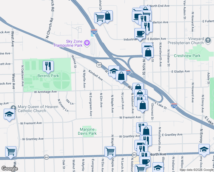 map of restaurants, bars, coffee shops, grocery stores, and more near 219 Kimbell Avenue in Elmhurst