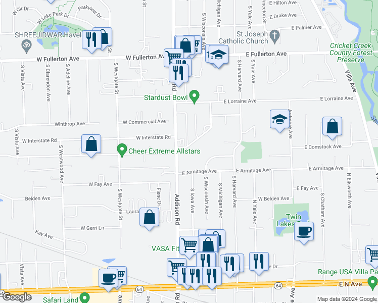 map of restaurants, bars, coffee shops, grocery stores, and more near 66 East Blecke Avenue in Addison
